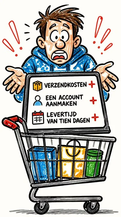 Een klant schrikt van extra kosten en drempels in zijn winkelwagen.